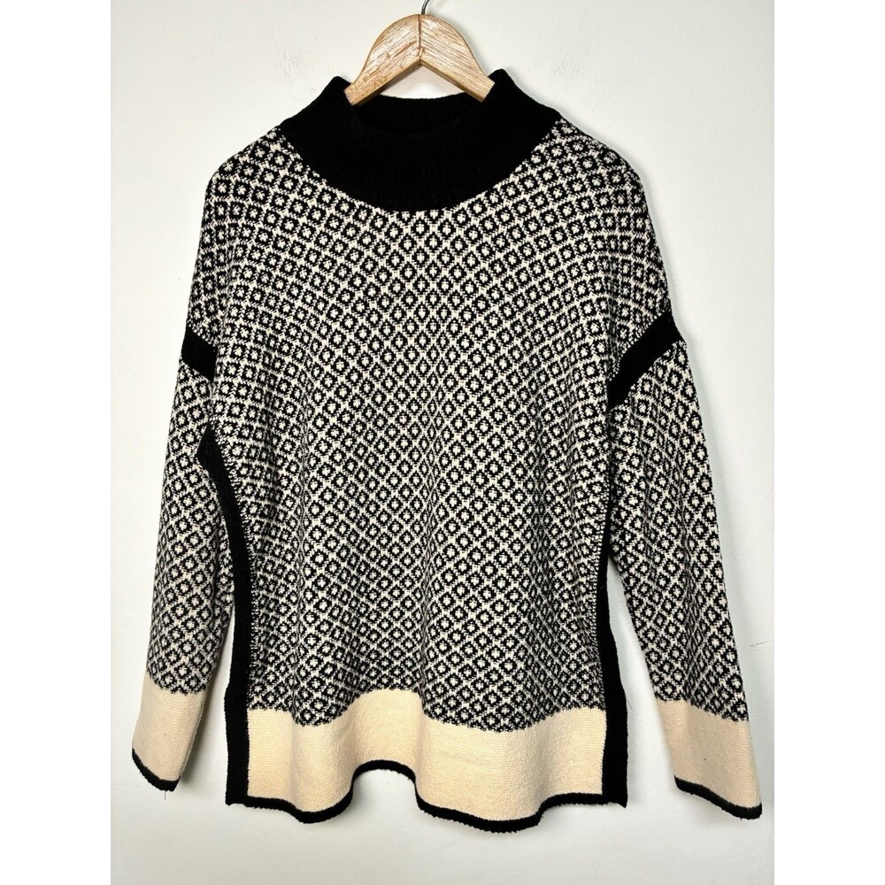 J. Jill Mock Neck Pullover Sweater Women’s L Geometric Black White Heavy Fall